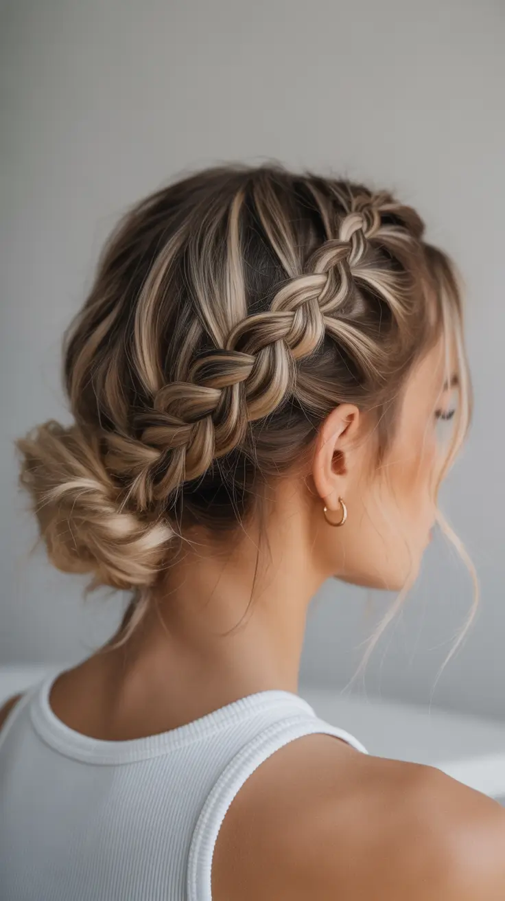 spring braids hairstyle Soft Highlighted Crown Braid into Low Bun