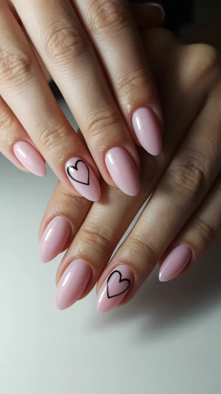 spring nail design Soft Pink Almond With Minimal Heart Detail