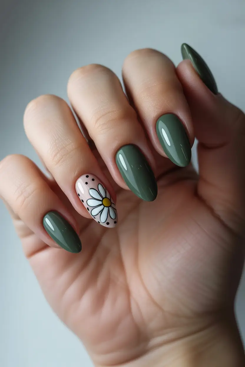 spring nail design Olive Green Floral Accent Nails