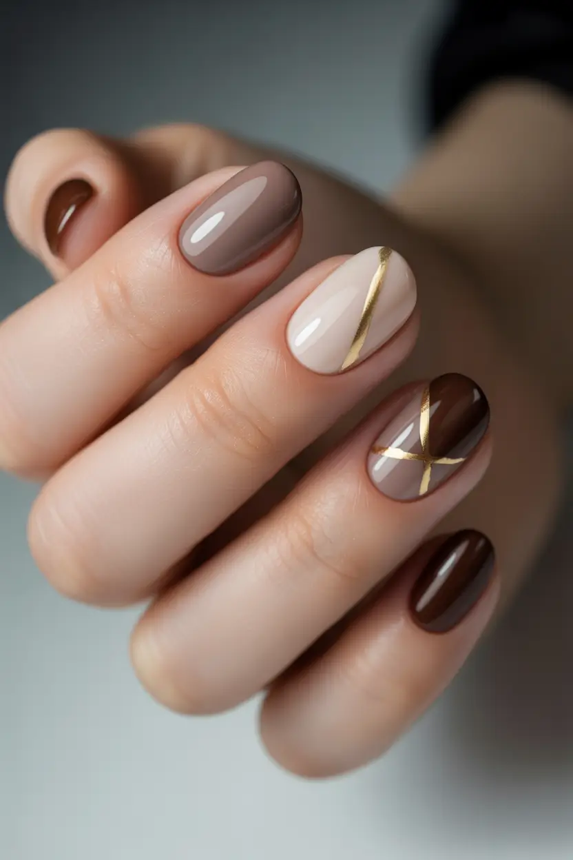 spring nail design Neutral Taupe With Gold Line Minimalism
