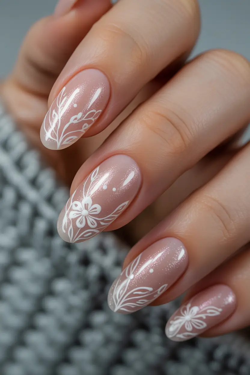 spring nail design Shimmering Blush With White Botanical Art