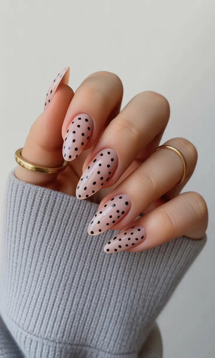 spring nail design Sheer Pink With Black Polka Dot Pattern