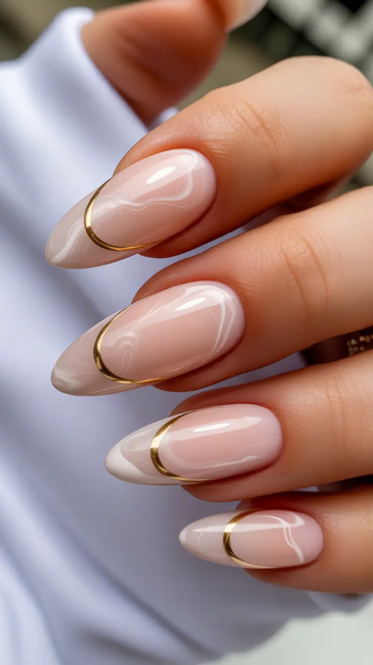 spring nail design Soft Nude With Minimal Gold Curve