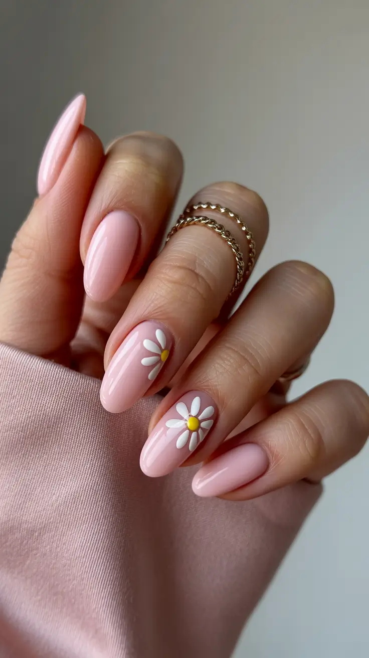 spring nail design Blush Almond With Daisy Accents