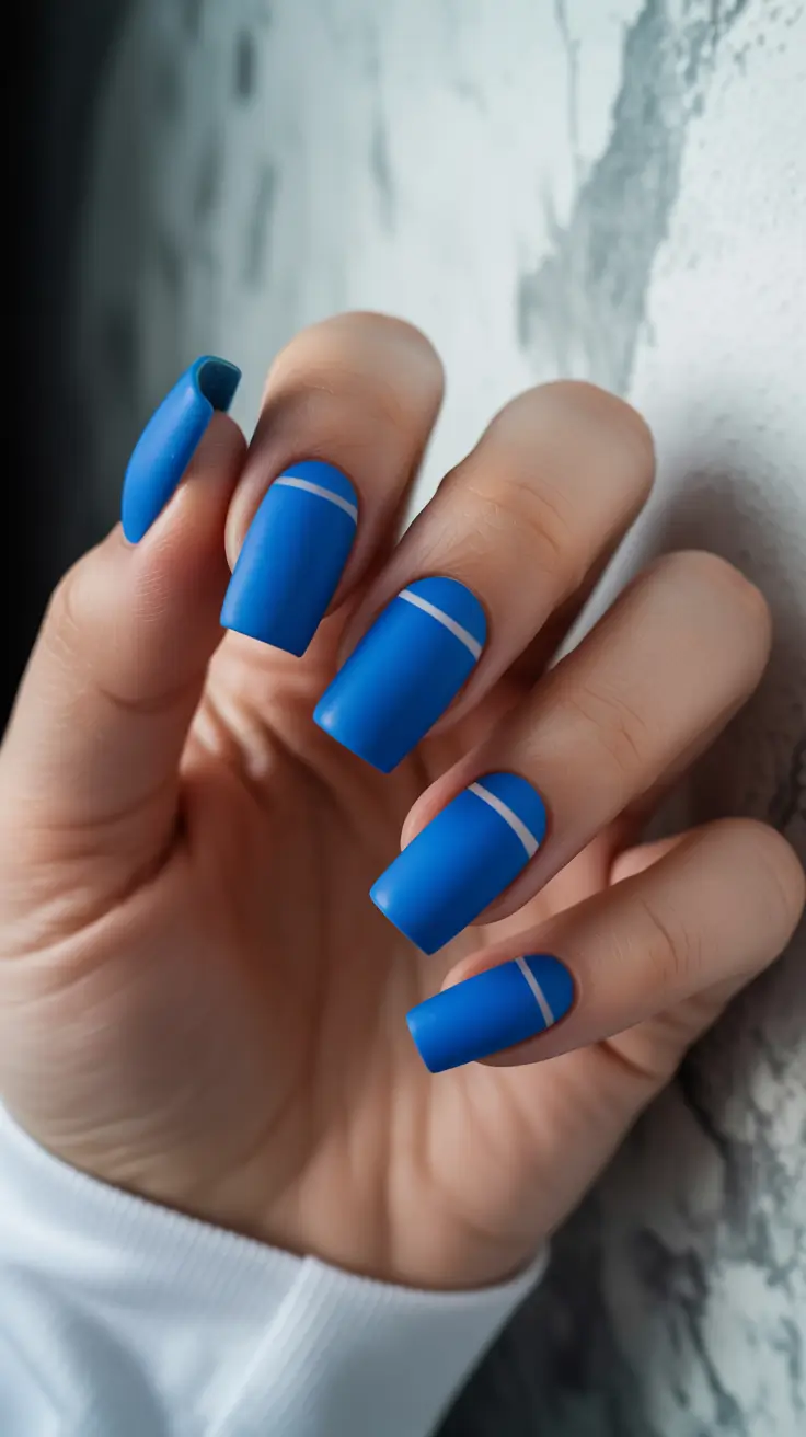 spring nail design Bold Matte Blue With Graphic Lines