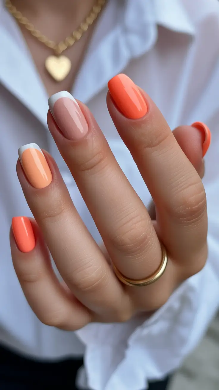 spring nail design Peach And Coral Mix With Soft French Accent