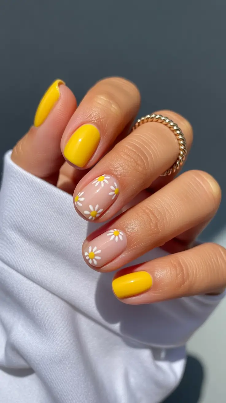 spring nail design Sunny Yellow Daisy Delight