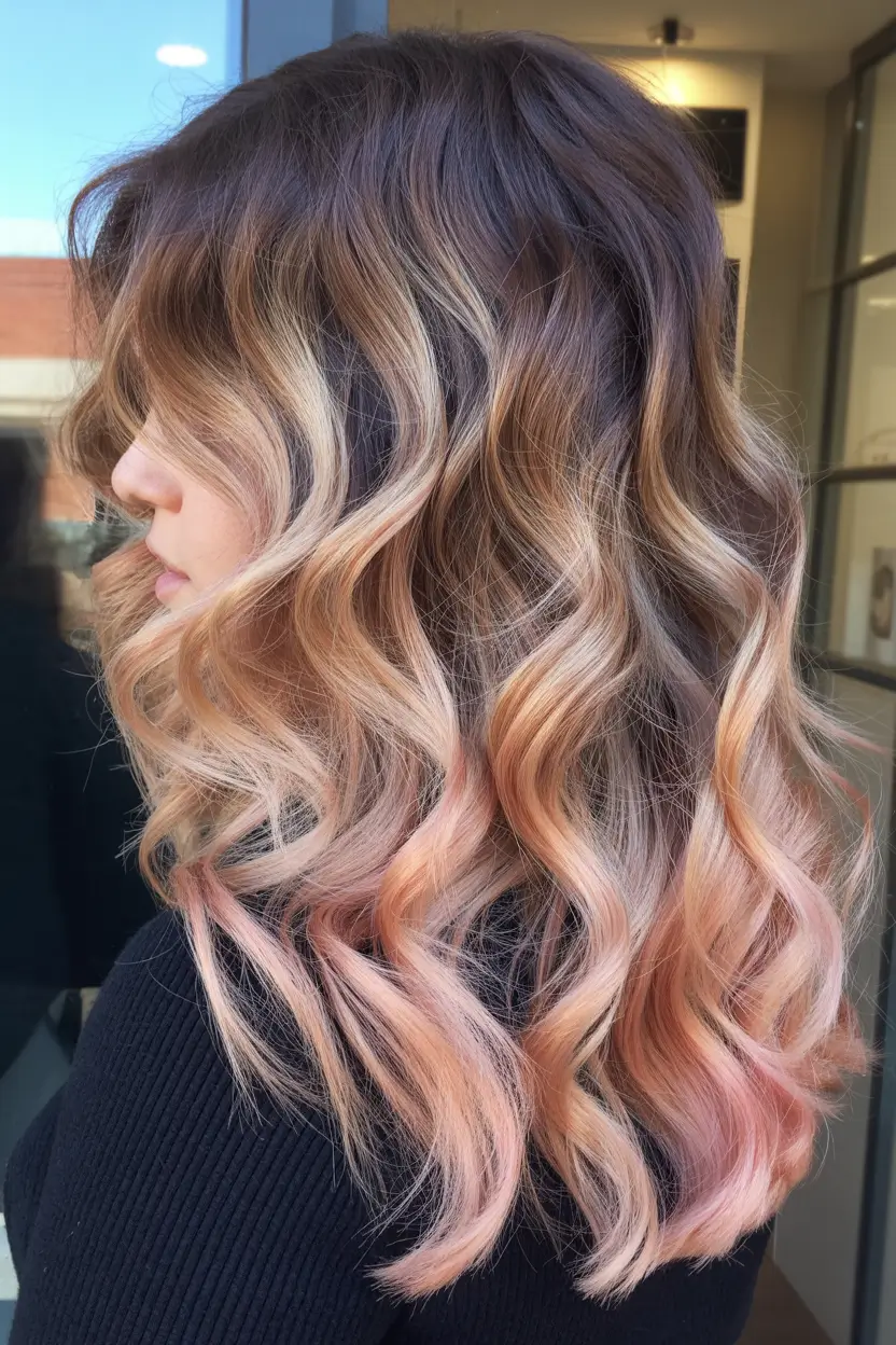 spring balayage hair color ideas Warm Caramel Rosé Balayage with Soft Waves
