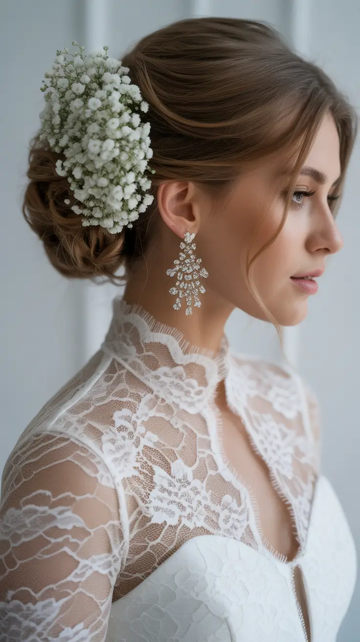 spring wedding hairstyle Soft Romantic Bride Updo With Baby’s Breath Cloud