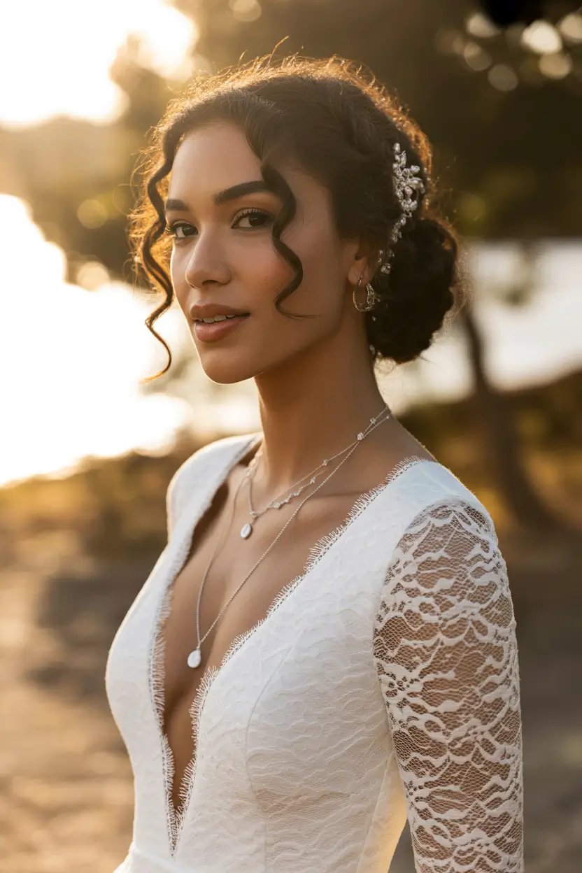 spring wedding hairstyle Sunset Bride Updo With Soft Curls and Crystal Detail