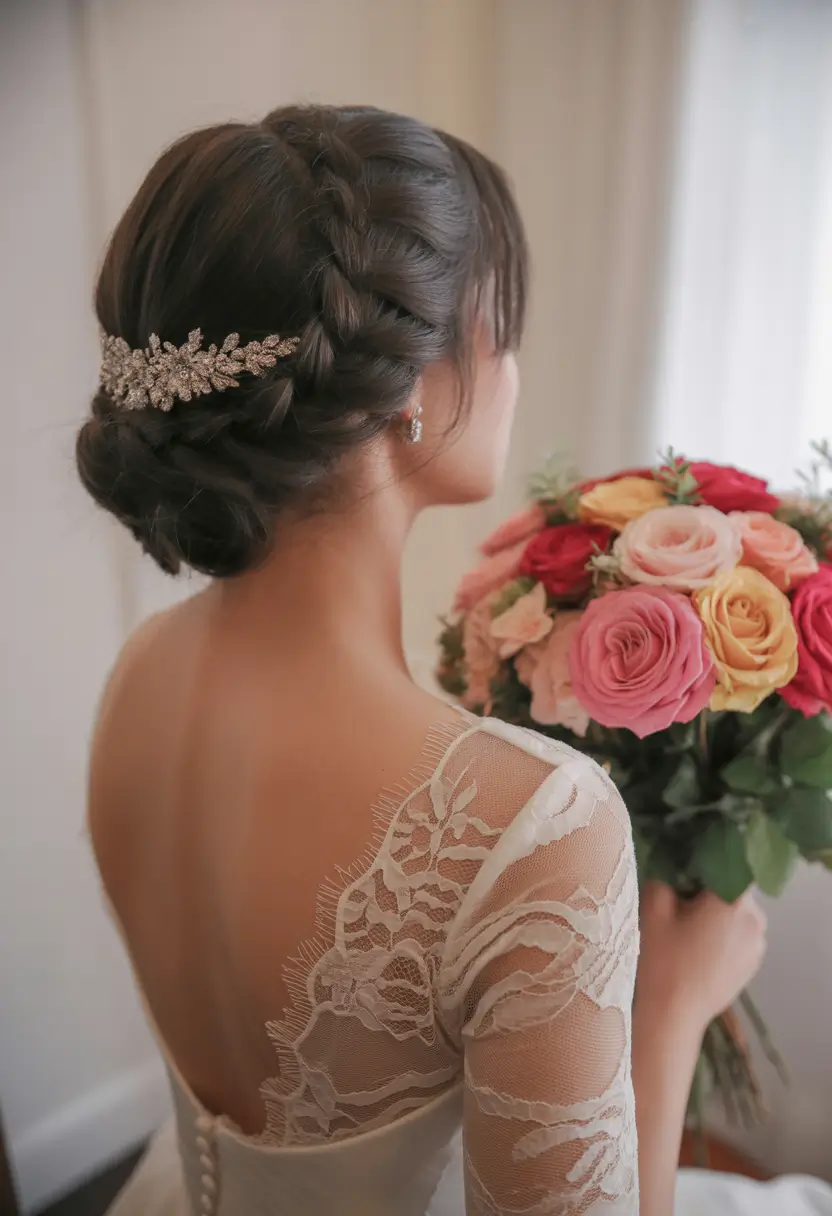 spring wedding hairstyle Classic Low Chignon With Side Braid and Crystal Leaf Clip