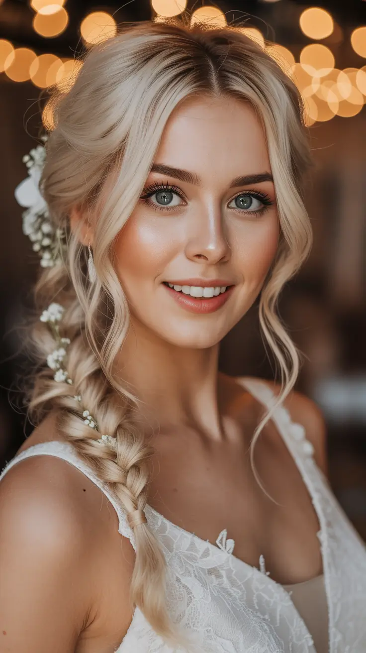 spring wedding hairstyle Loose Side Braid With Baby’s Breath for a Soft Bride
