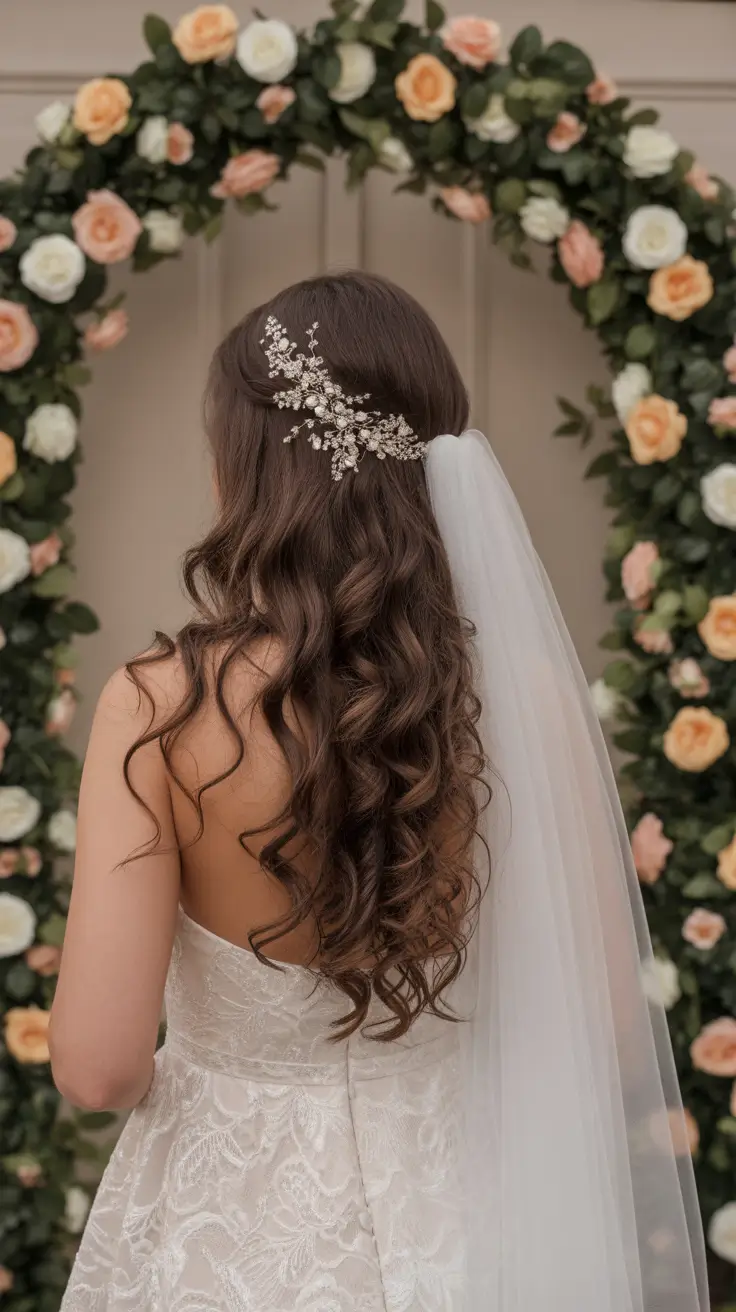 spring wedding hairstyle Romantic Half-Up Waves With Veil and Crystal Vine