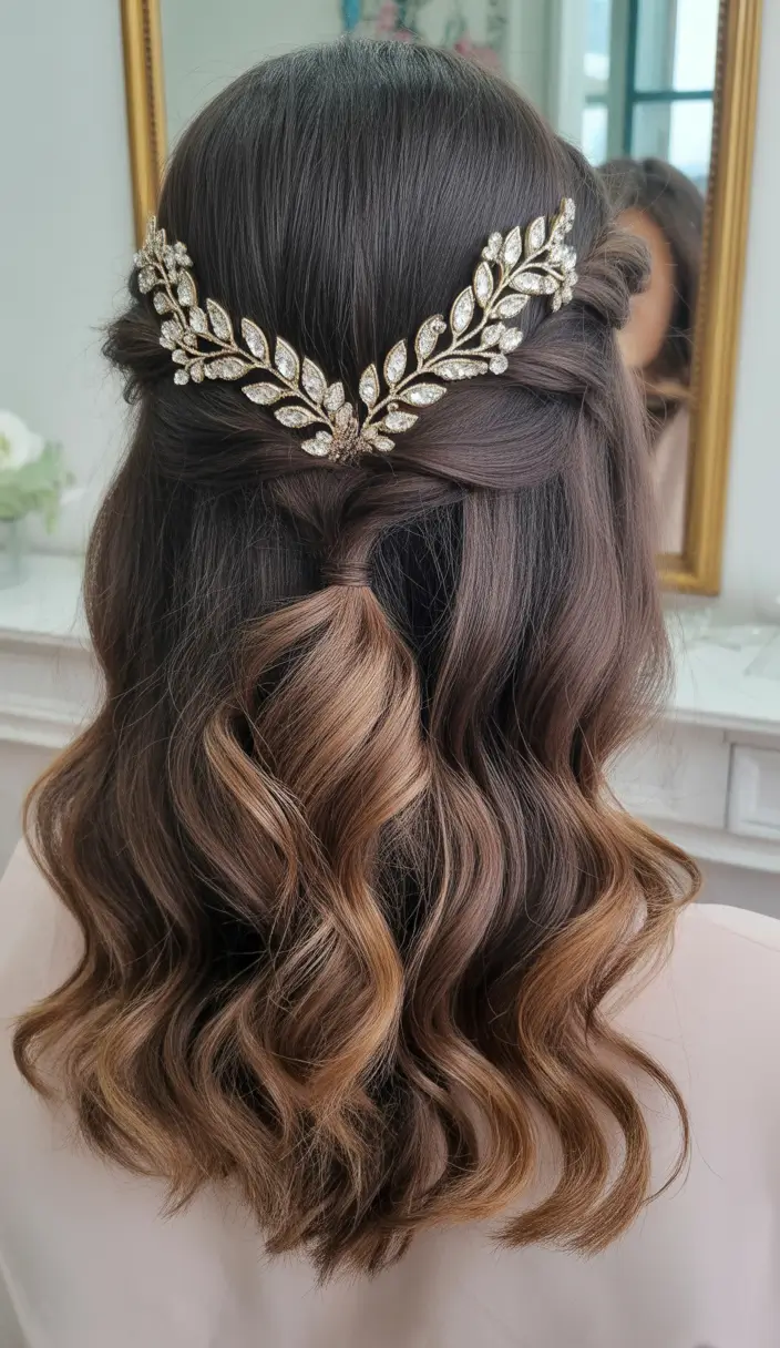 spring wedding hairstyle Polished Half-Up With Gold Leaf Barrette