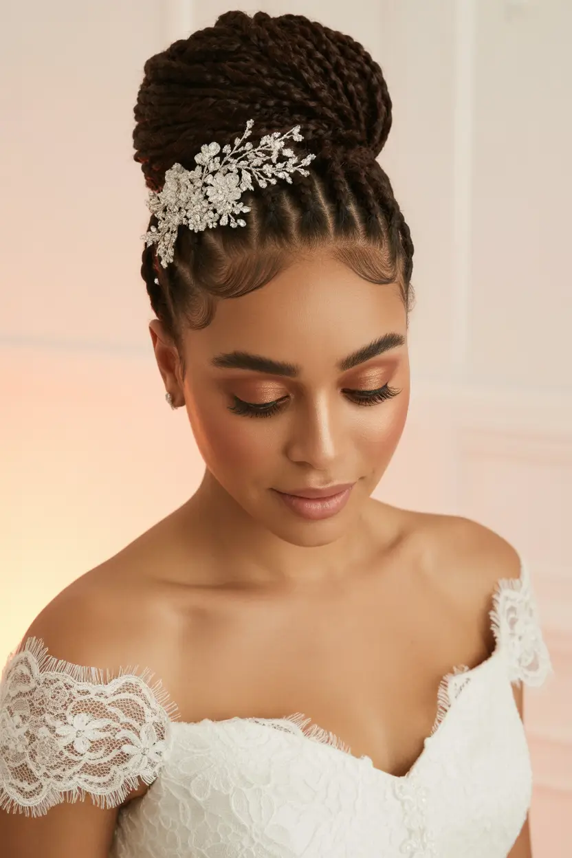 spring wedding hairstyle High Braided Bun With Statement Crystal Headpiece