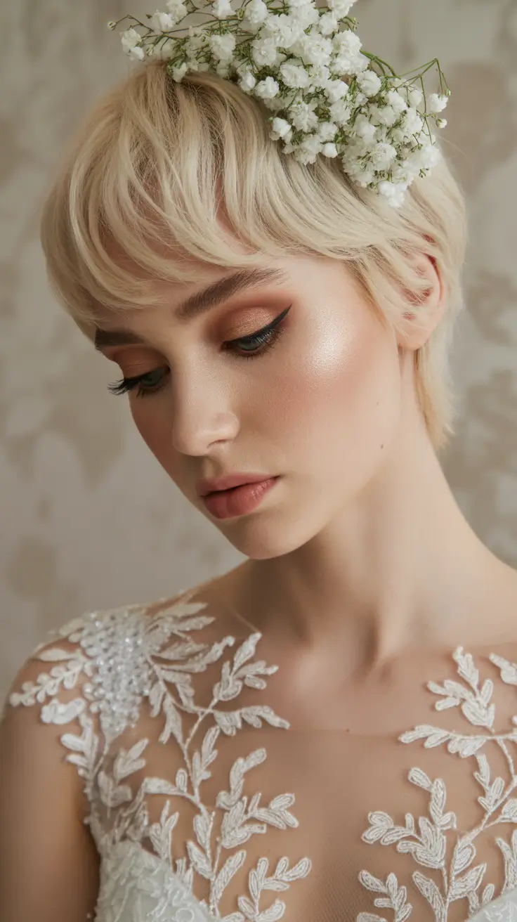 spring wedding hairstyle Short Hair Bride: Pixie Cut With Baby’s Breath Crown Detail