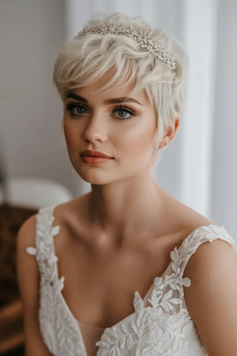spring wedding hairstyle Short Hair Bride: Crystal Tiara on a Textured Crop