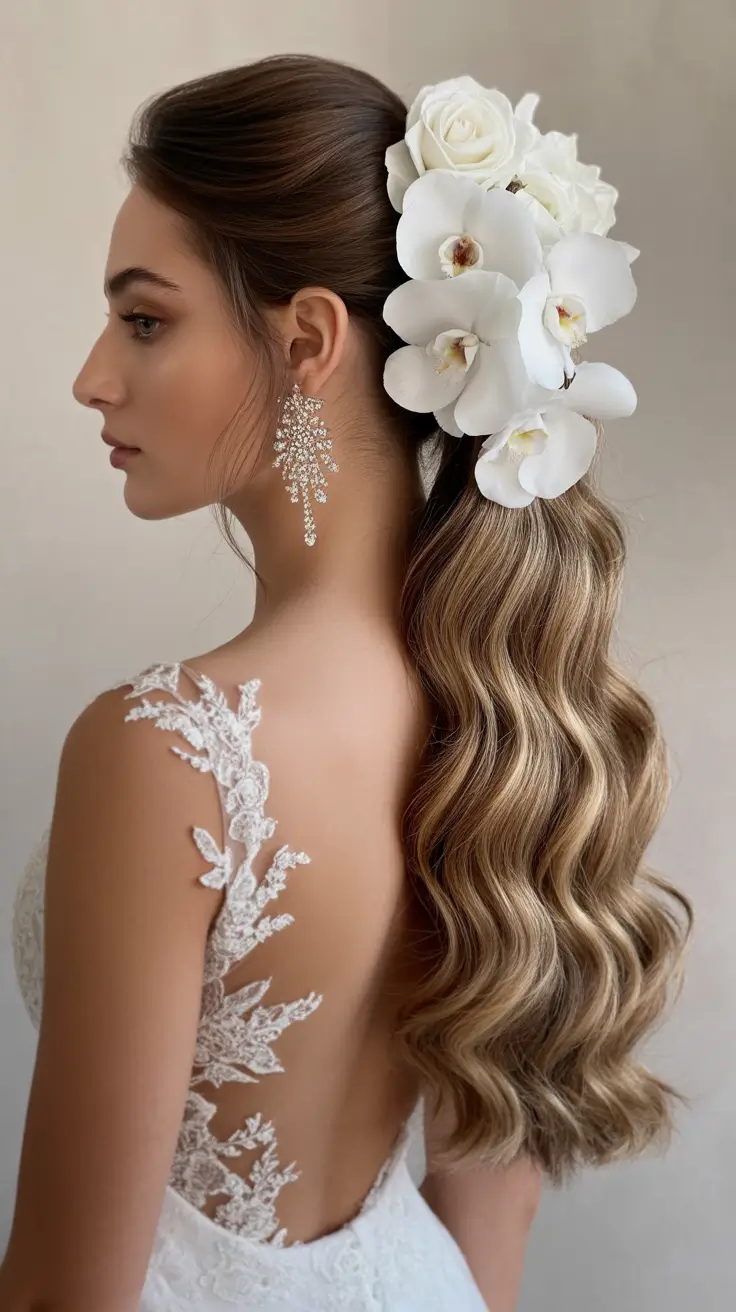 spring wedding hairstyle Glossy Half-Up Waves With White Orchid Drama