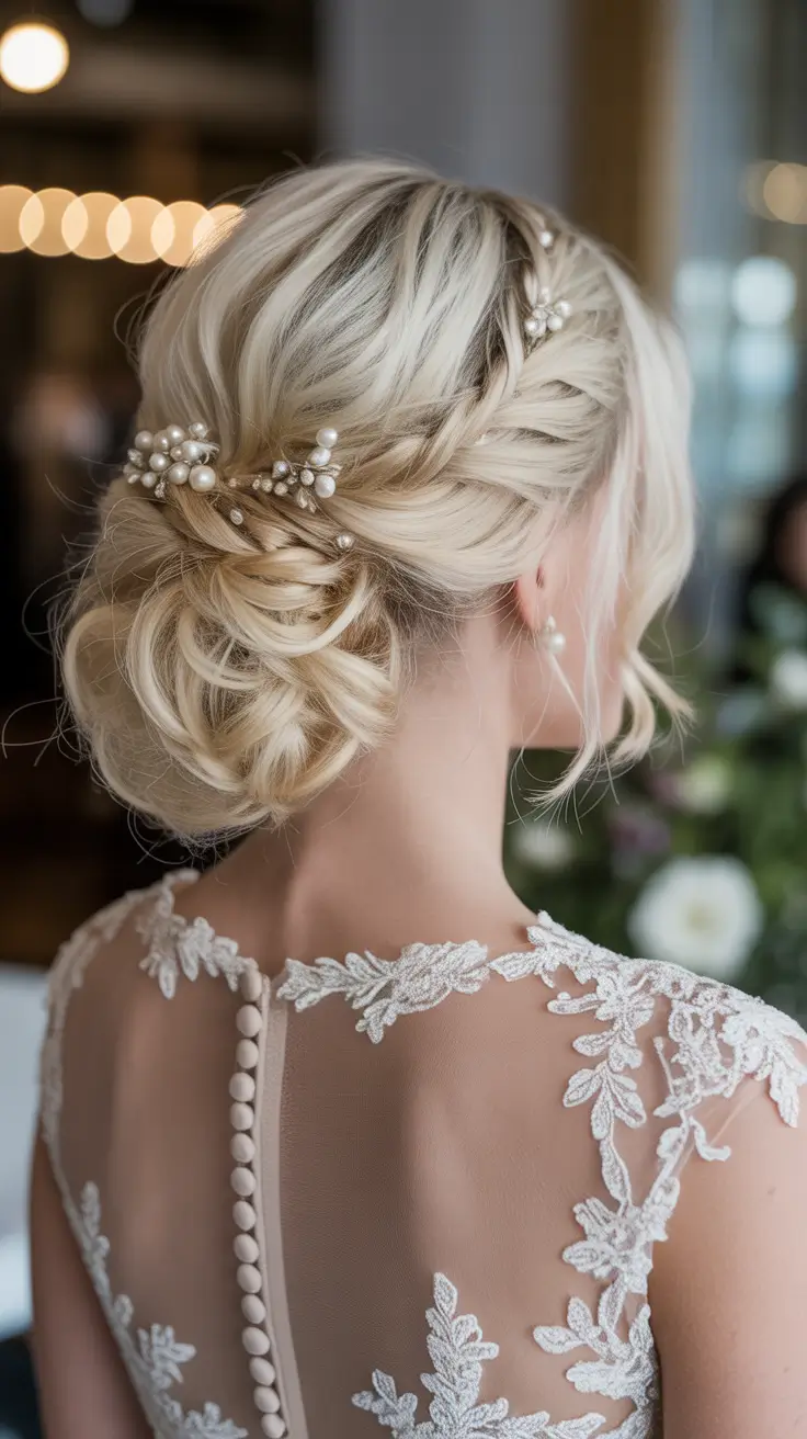 spring wedding hairstyle Textured Low Bun With Pearls for a Softly Polished Bride