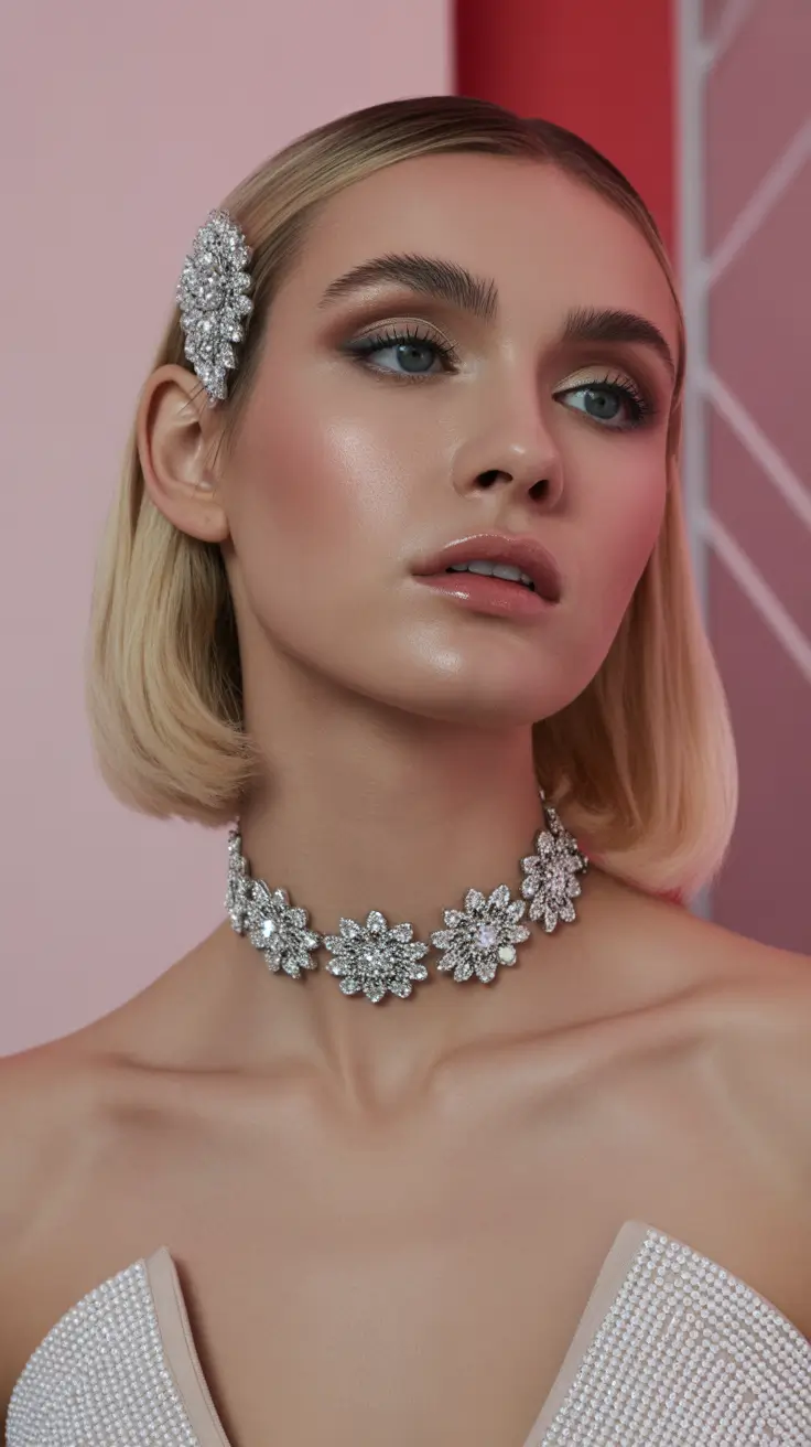 spring wedding hairstyle Sleek Bridal Bob With Crystal Statement Clip