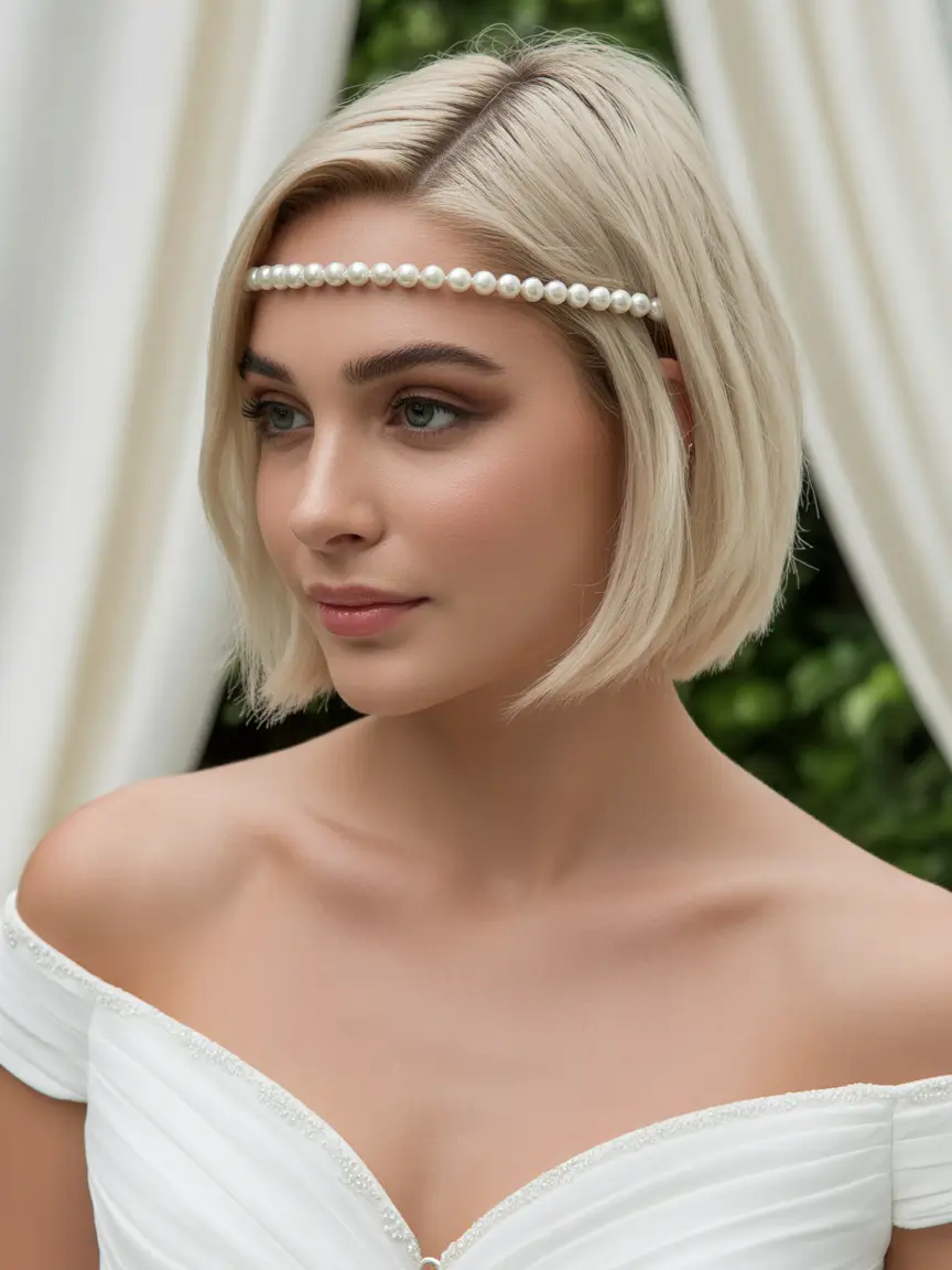 spring wedding hairstyle Minimal Blonde Bob With Pearl Headband