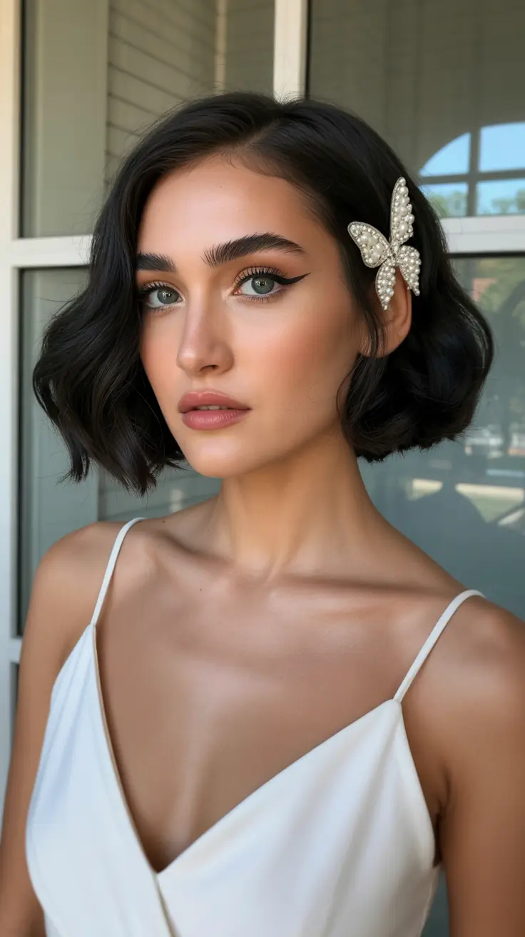 spring wedding hairstyle Soft Wavy Bob With Pearl Butterfly Clip