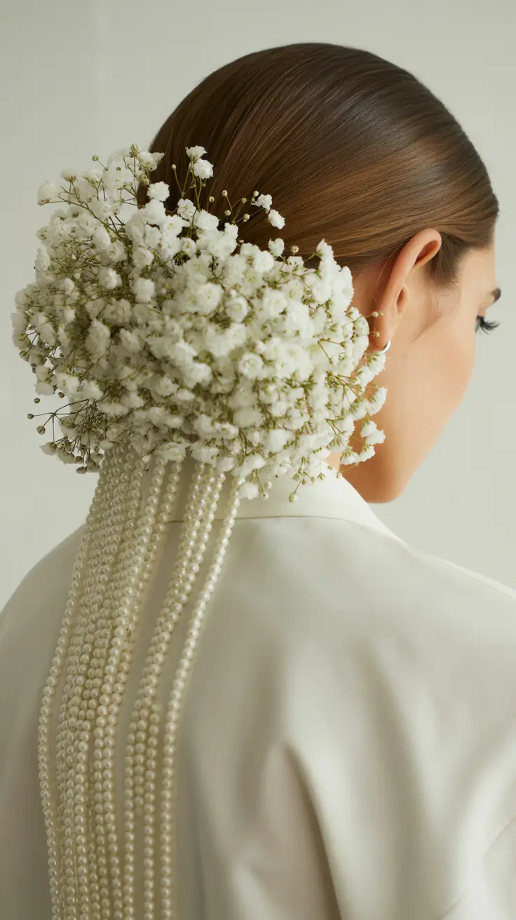 spring wedding hairstyle Minimal Sleek Bun With Pearl Waterfall Detail