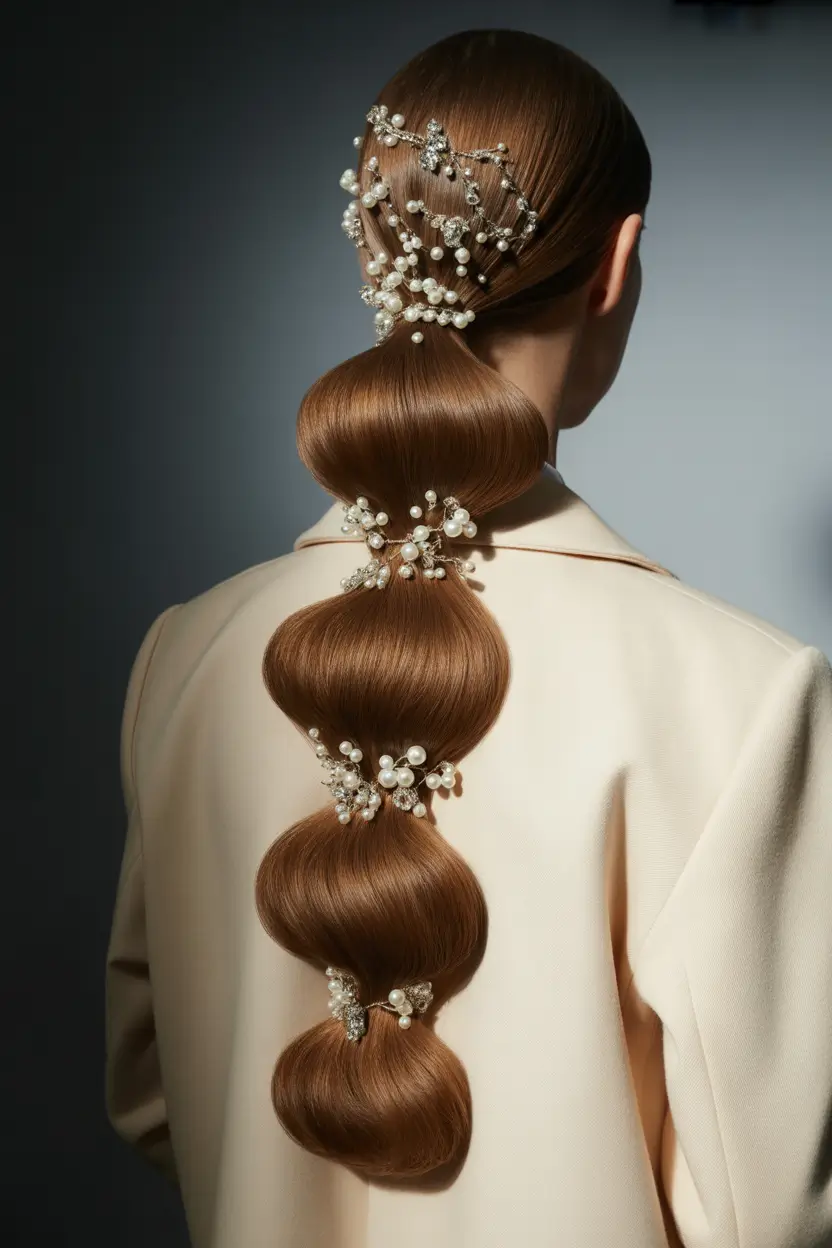 spring wedding hairstyle Bubble Ponytail With Pearled Clips - The Modern Bridal Twist