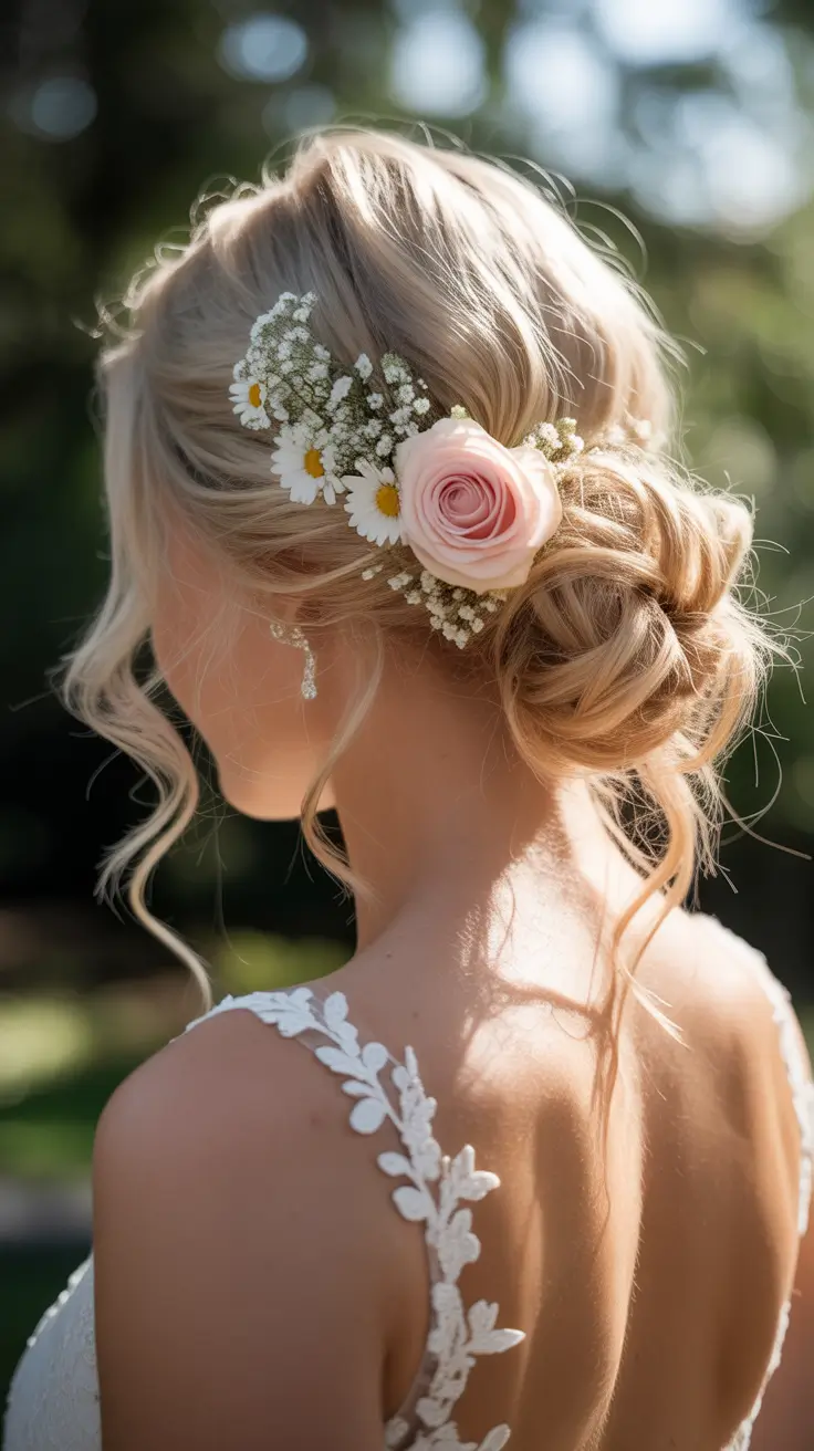 spring wedding hairstyle Garden Bun With Blush Rose and Daisy Cluster
