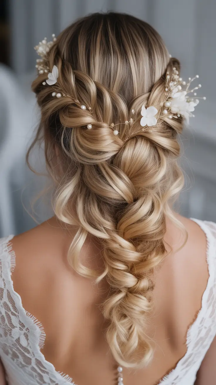 spring wedding hairstyle Boho Braid Down the Back With Pearl-and-Flower Accents
