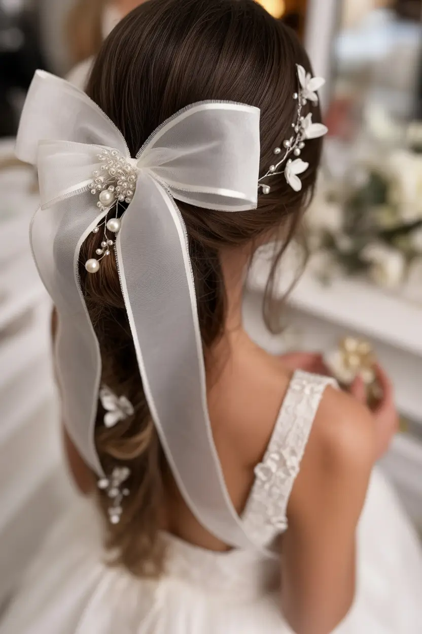 spring wedding hairstyle Ribbon Bow Ponytail With Delicate Floral Pins
