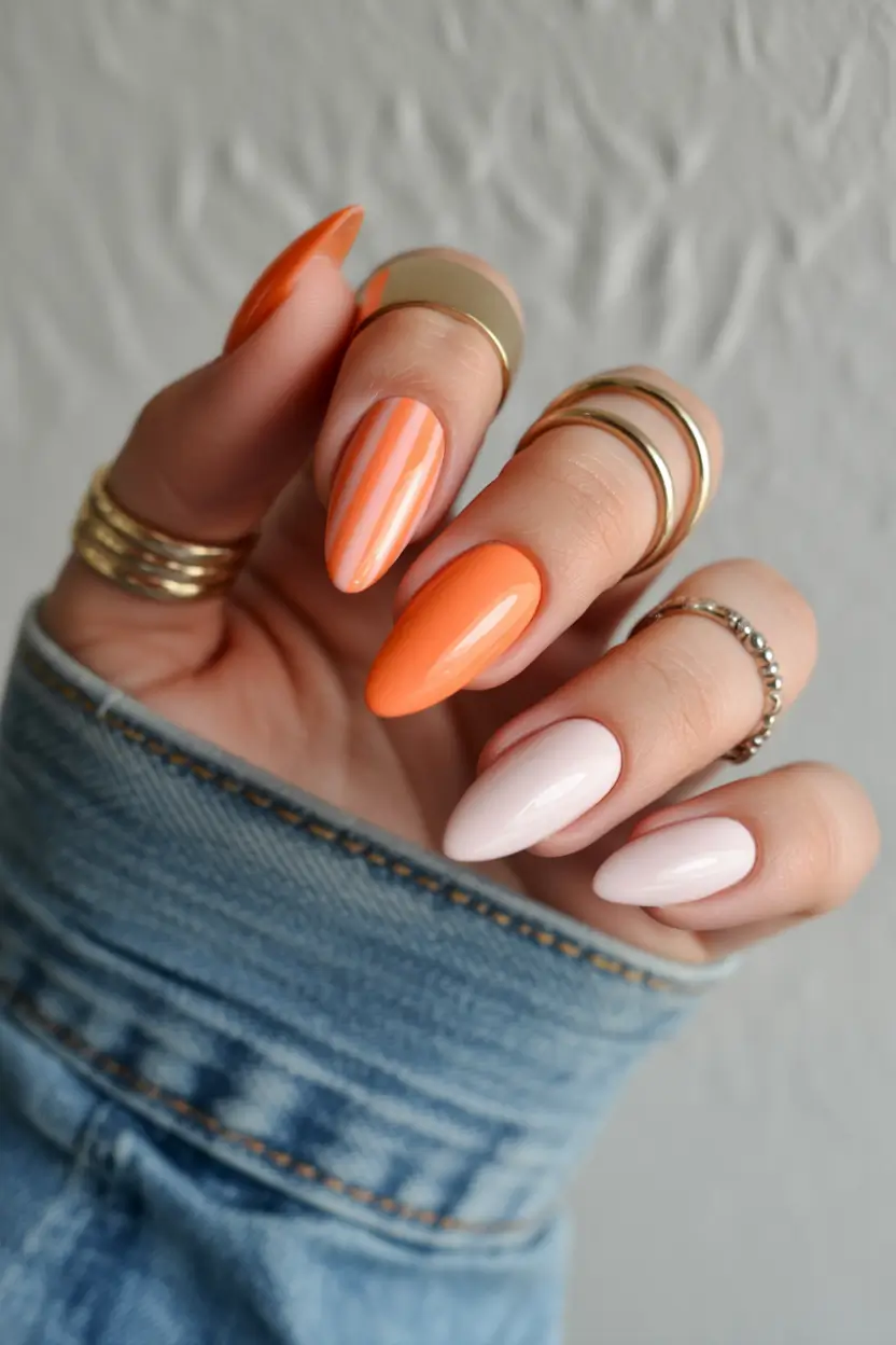 vibrant cute spring nails 2026 Peach and Cream Almond for Warm Spring Glow