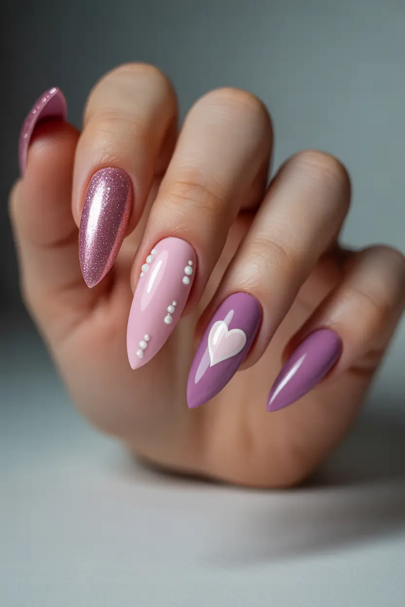 vibrant cute spring nails 2026 Soft Lavender Almond with Pearls and Heart Detail