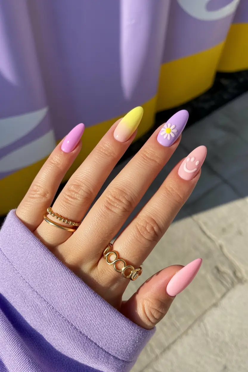 vibrant cute spring nails 2026 Bold Blue and Orange Floral Almond Contrast