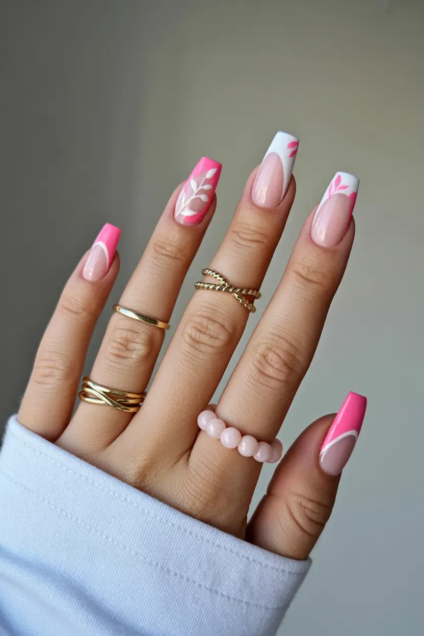 vibrant cute spring nails 2026 Pink Spring French with Botanical Accent Flow