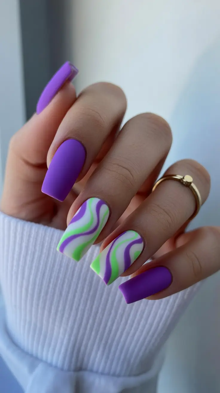 vibrant cute spring nails 2026 Matte Lavender Waves with Graphic Spring Motion