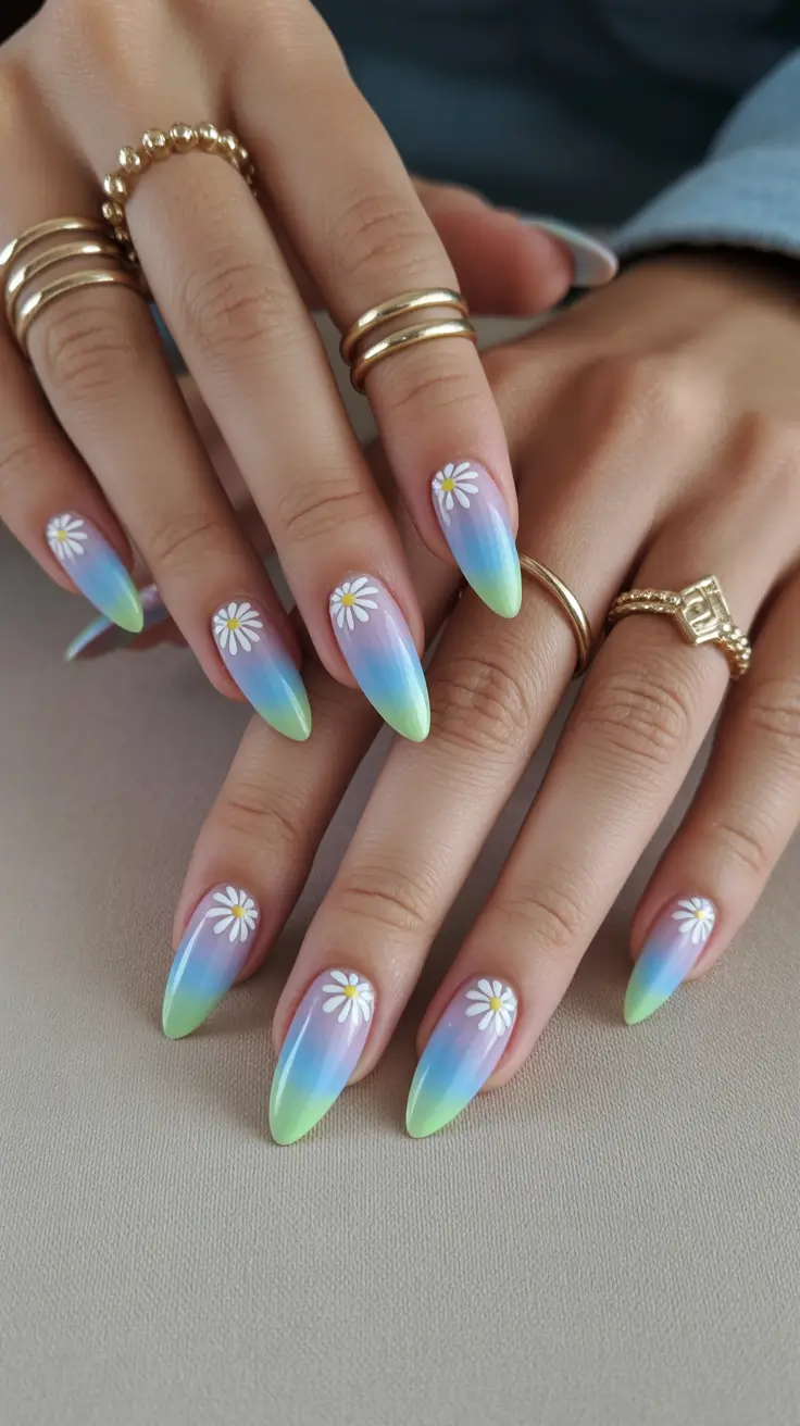 vibrant cute spring nails 2026 Pastel Ombre Daisy Almond Spring Dream