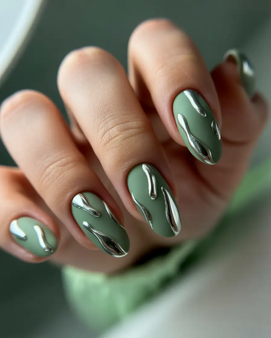vibrant cute spring nails 2026 Sage Green Metallic Flow for Modern Minimal Spring