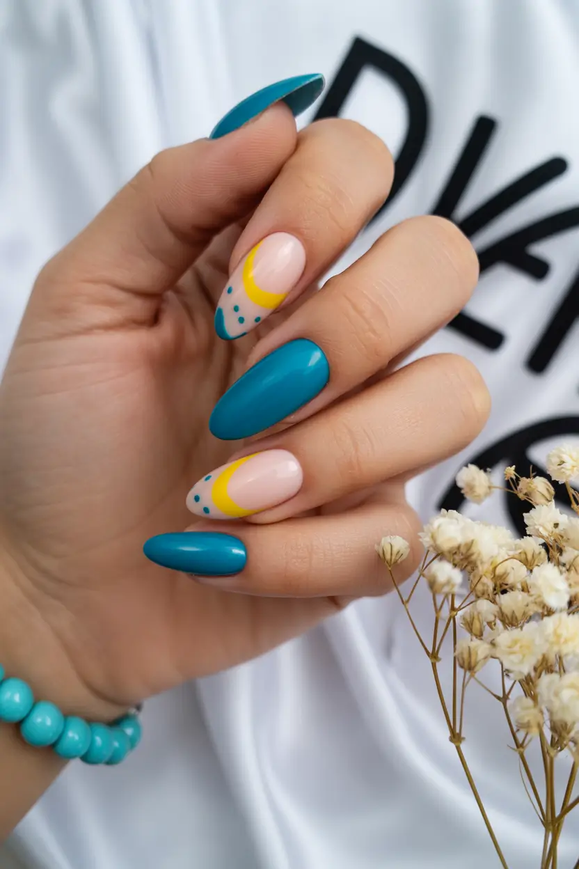 vibrant cute spring nails 2026 Teal and Lemon Graphic Almond for Fresh Spring Contrast