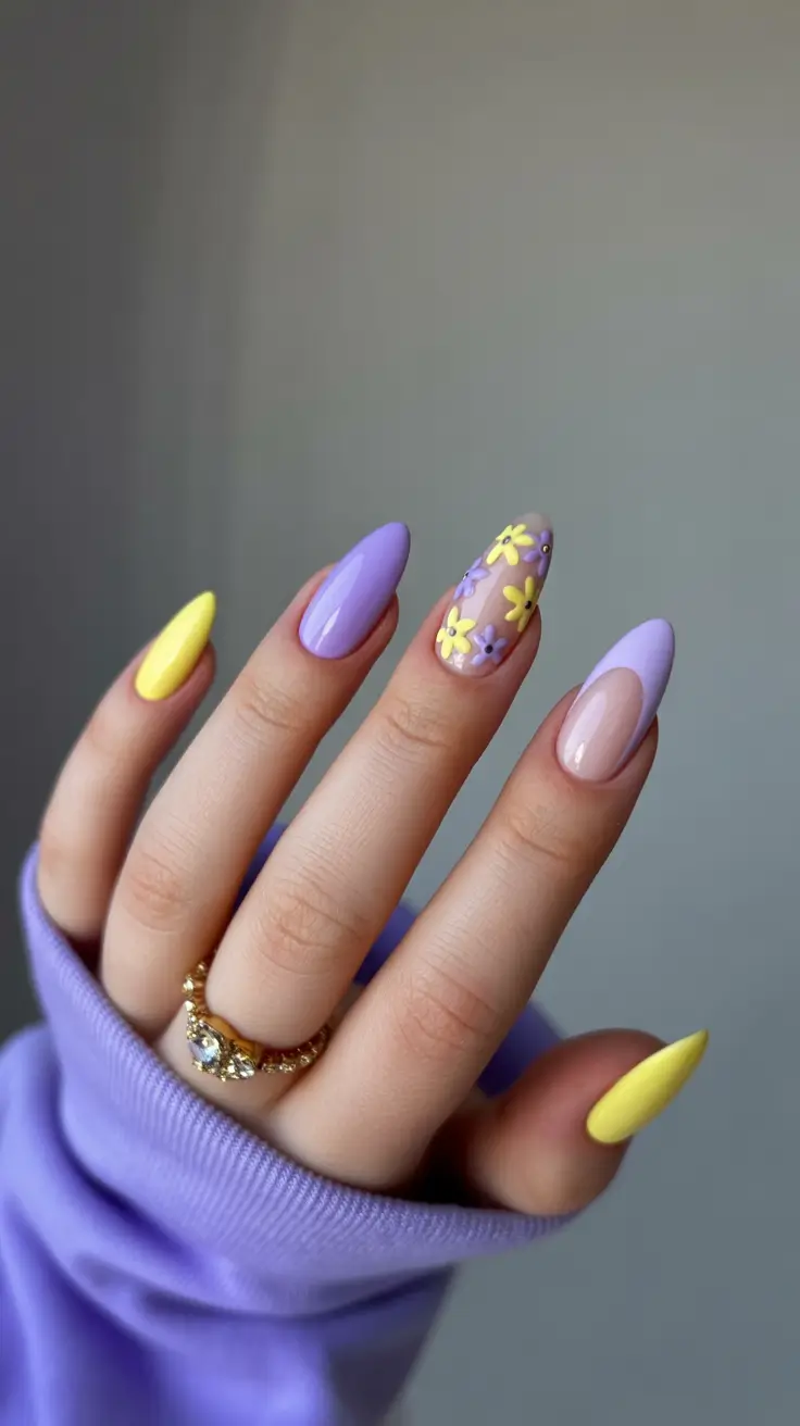 spring almond nails Soft Lavender and Pastel Yellow Spring Bloom Energy