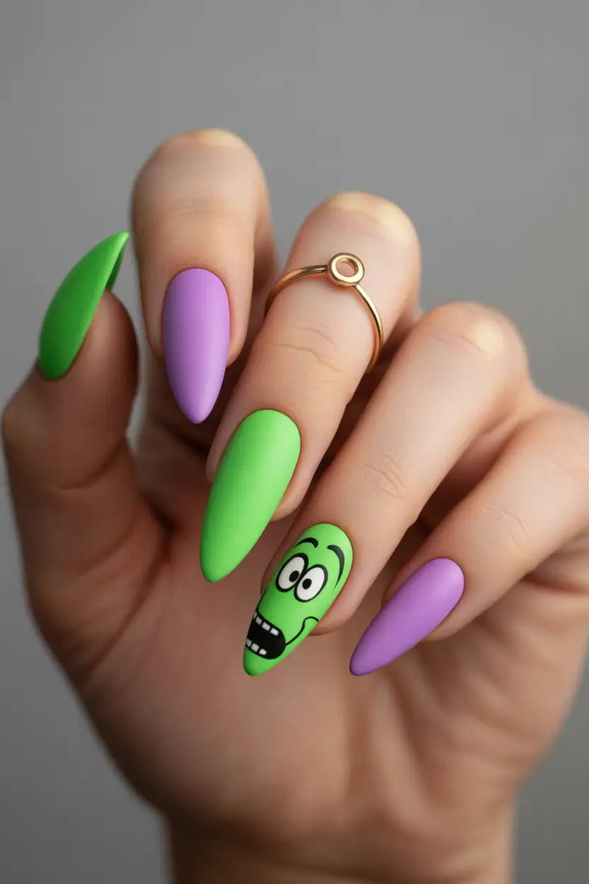 spring almond nails Playful Green and Lavender Cartoon Almond Nails