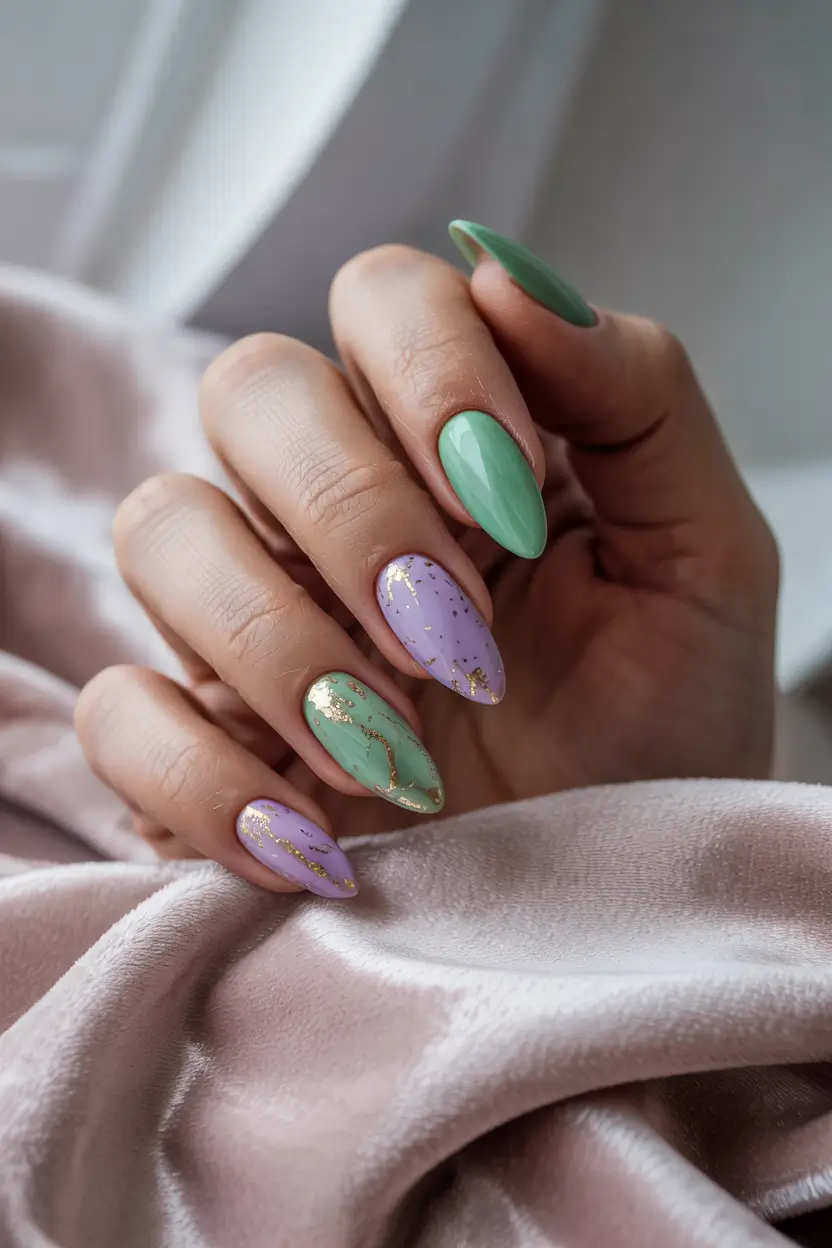 spring almond nails Soft Green and Lavender Marble Spring Harmony