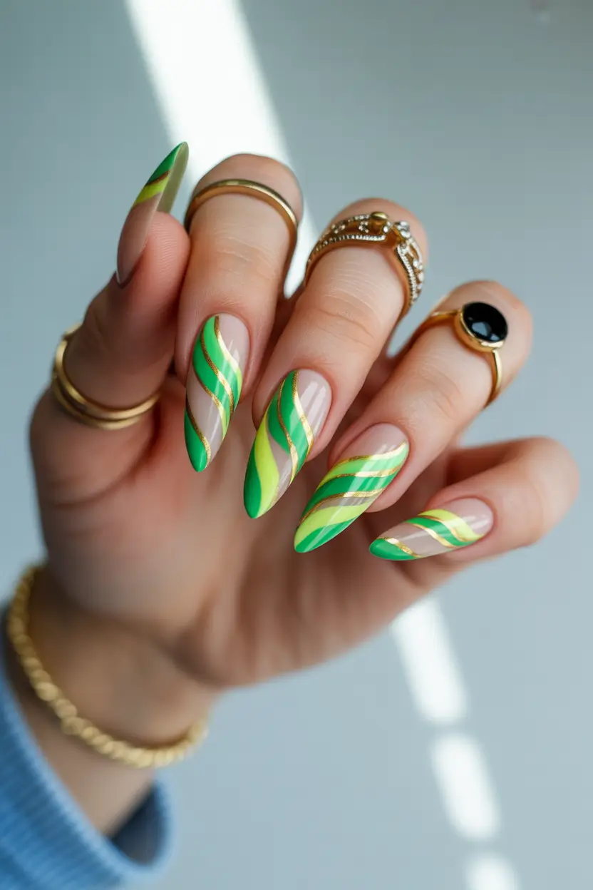 spring almond nails Green Gradient Almond Nails with Golden Ribbon Lines