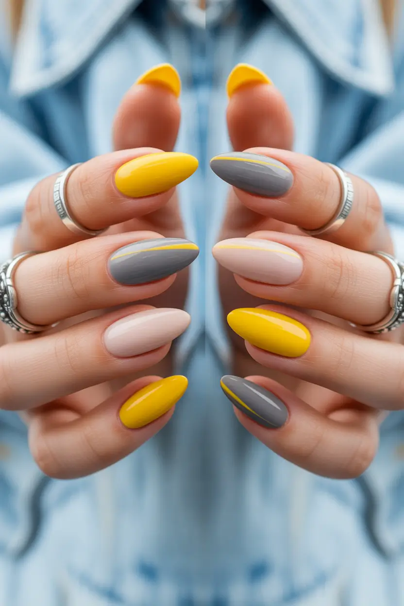 spring almond nails Modern Yellow and Grey Almond Nails with Minimal Lines