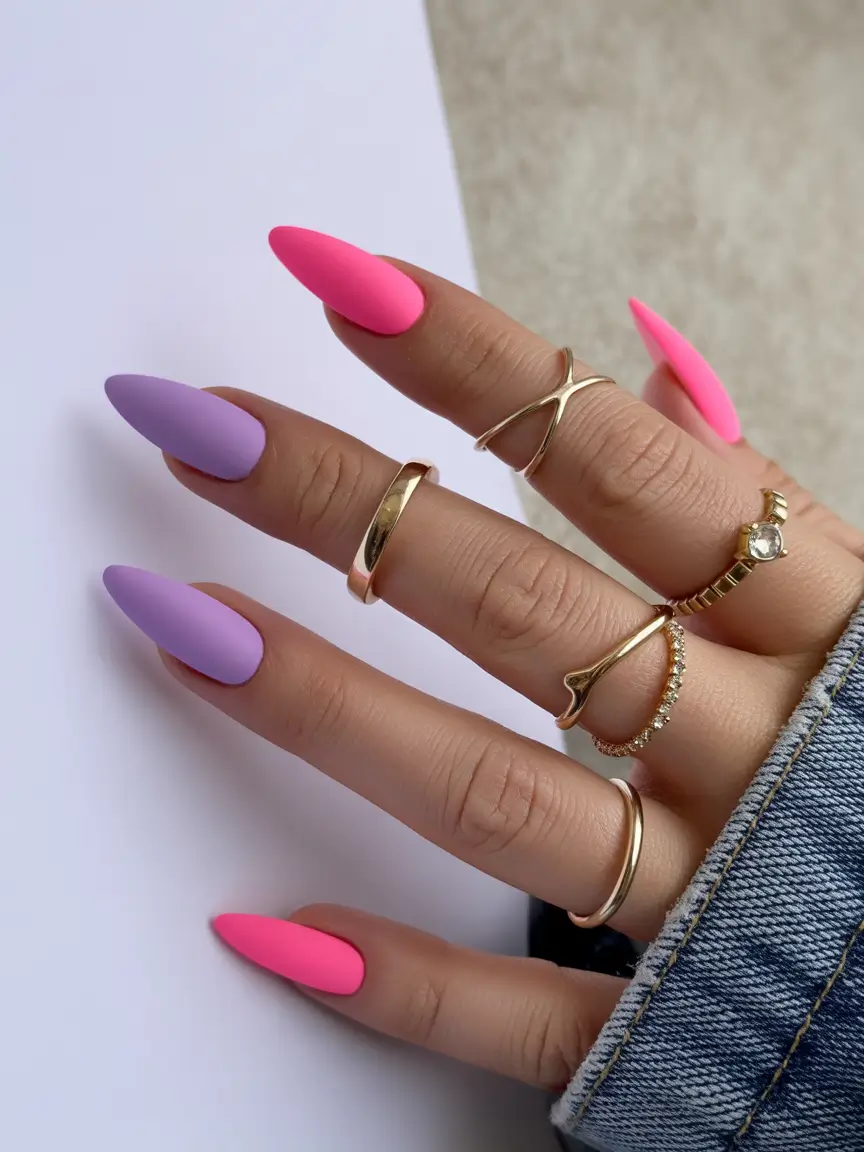 spring almond nails Matte Lavender and Pink Pop Almond Contrast