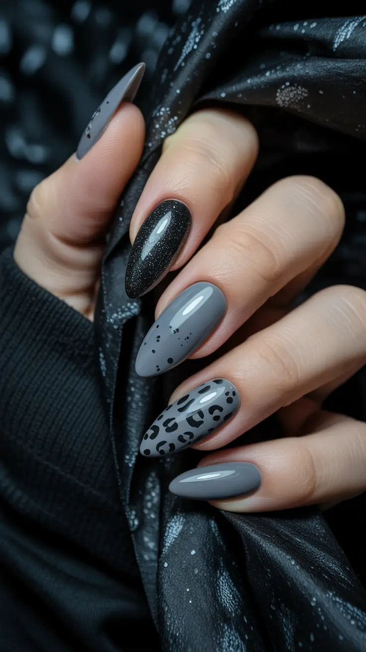 spring almond nails Smoky Grey Almond Nails with Modern Leopard Accent
