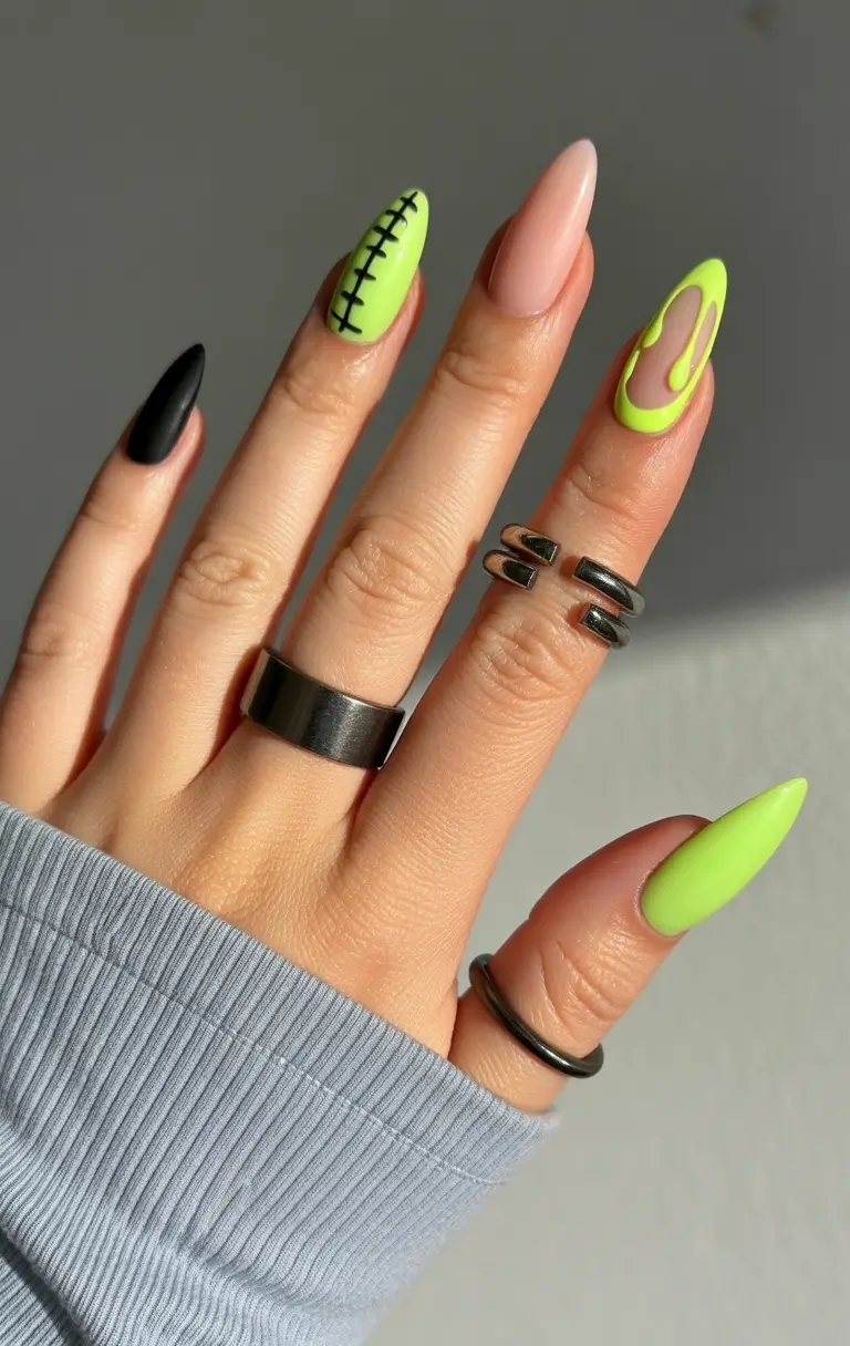 spring almond nails Neon Green Almond Nails with Modern Graphic Accents