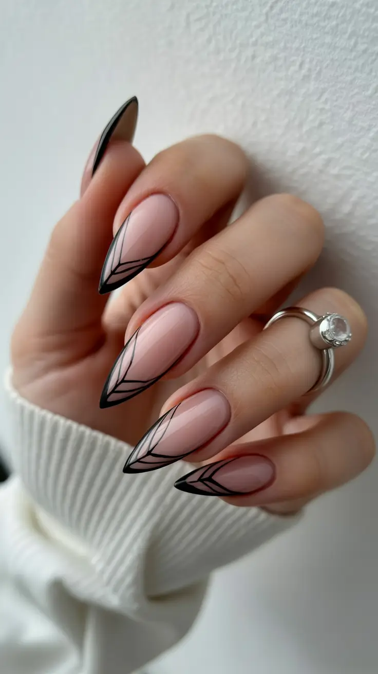 spring almond nails Soft Nude Almond Nails with Elegant Black Frame Lines
