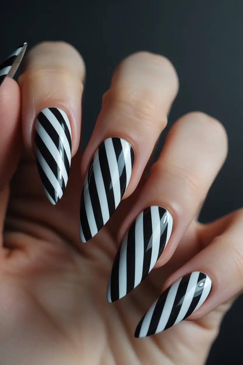 spring almond nails Classic Black and White Stripe Almond Nails