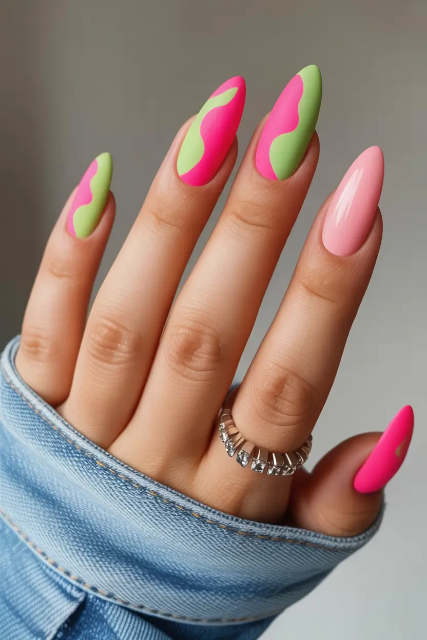 spring almond nails Playful Pink and Green Abstract Almond Waves